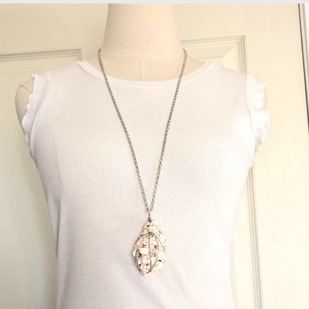 Handmade Wired Natural Conch Shell Super Long Necklace Boho Beach Summer Staple Necklace