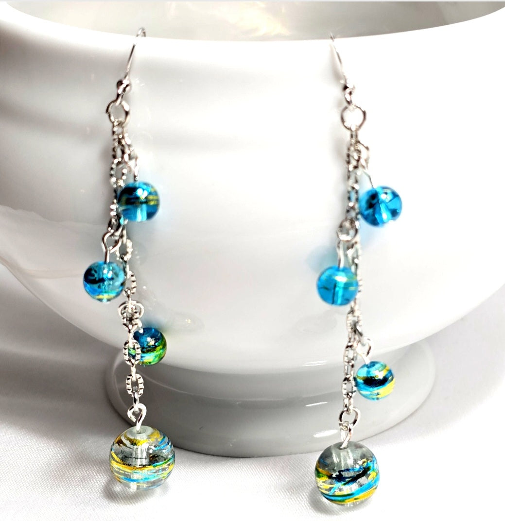 Handpainted Blue Murano Glass Drop Dangling Bohenian Artistic Earrings. One of a kind.