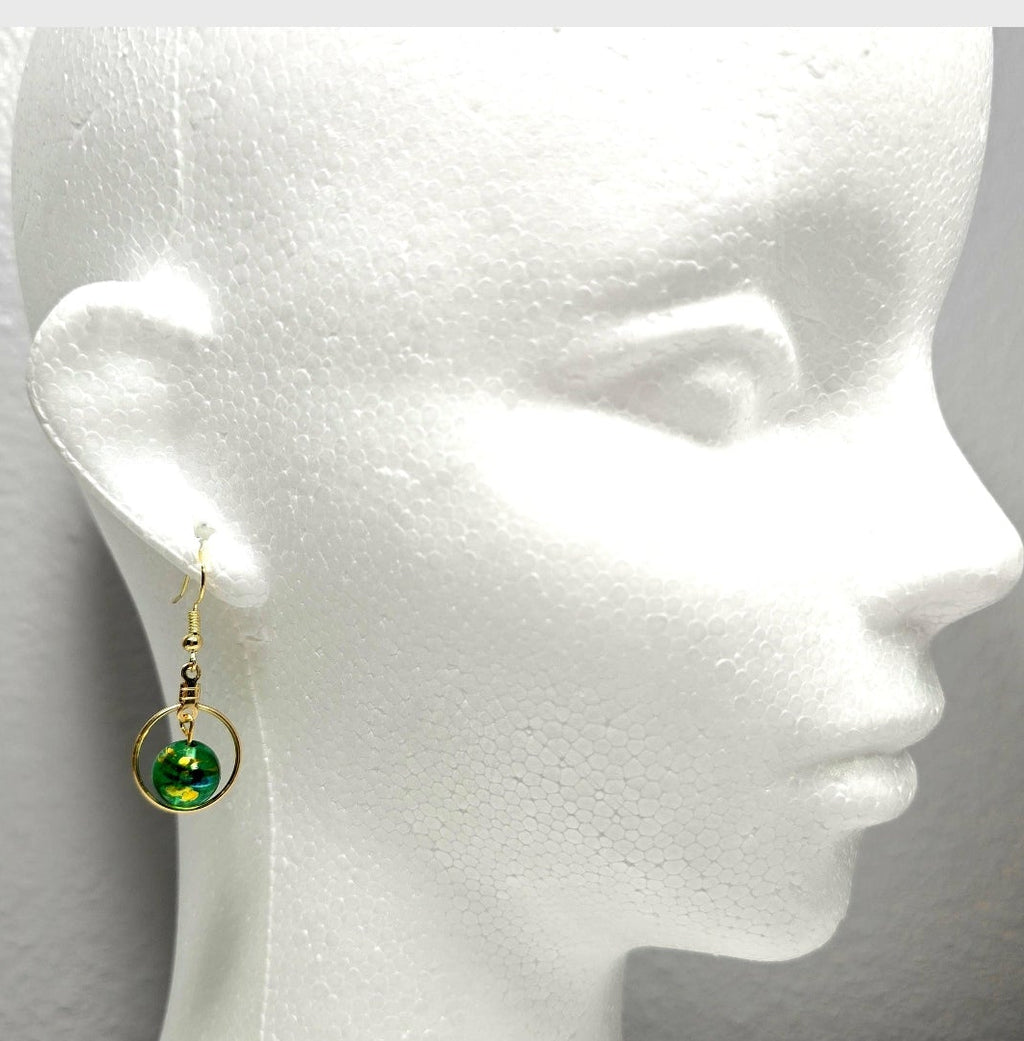 Handpainted Green Murano Glass Gold Hoop Drop Dangling Bohemian Artistic Earrings