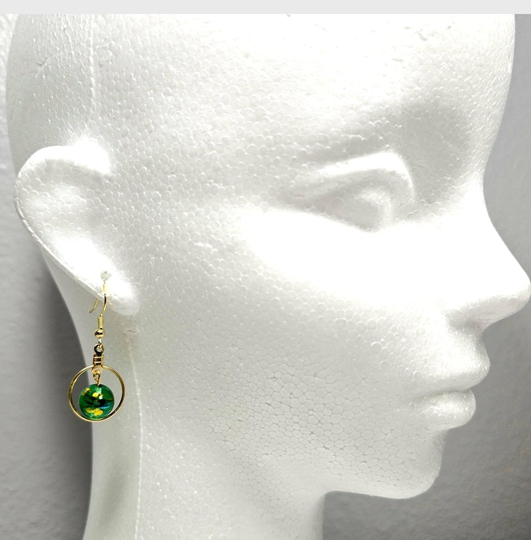 Handpainted Green Murano Glass Gold Hoop Drop Dangling Bohemian Artistic Earrings