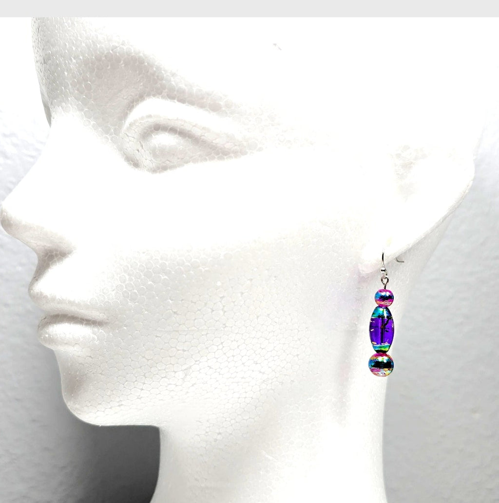Multi-colored Purple Handpainted Murano Glass Drop Earrings with Gold Accents