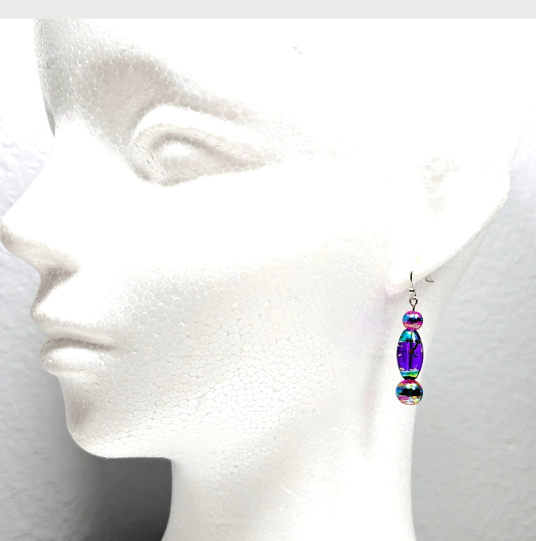 Multi-colored Purple Handpainted Murano Glass Drop Earrings with Gold Accents