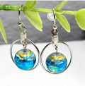 Handpainted Blue Murano Glass Silver Hoop Drop Dangling Bohemian Artistic Earrings