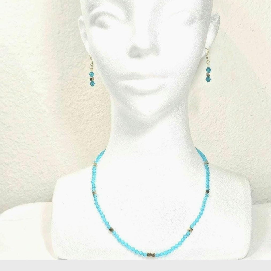 Aqua Blue Czech Crystal Glass Beads Dainty Simple Minimalist  Necklace Earrings Jewelry Set