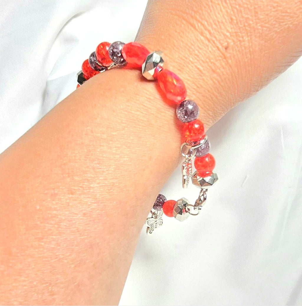 Gothic Butterfly Charmed bracelet: Handmade Red and Black Beaded Bracelet
