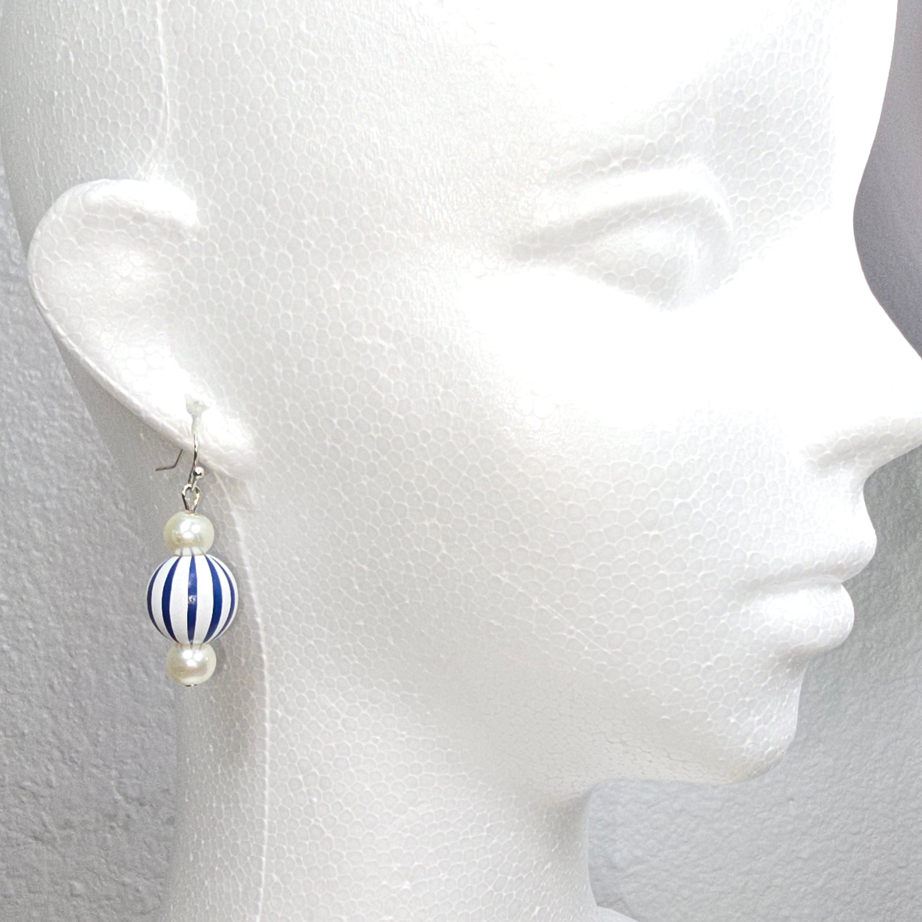 Handpainted Blue and White Stripe Wood Drop Dangling Bohemian Artistic Coastal Nautical Earrings