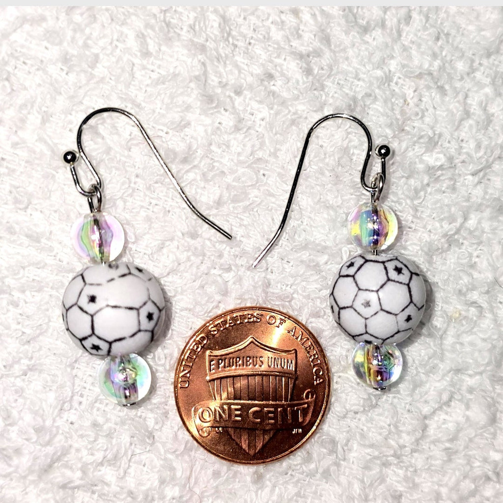 Soccer Ball Acrylic Beaded Sporty Fashion Dangling Drop Earrings. Soccer player, fan, cheerleaders, mom