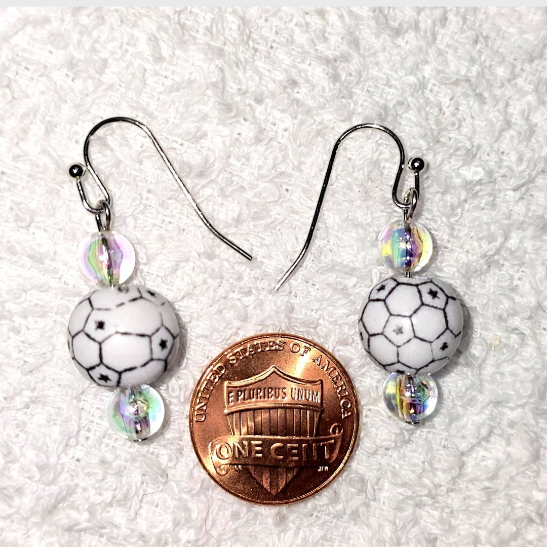Soccer Ball Acrylic Beaded Sporty Fashion Dangling Drop Earrings. Soccer player, fan, cheerleaders, mom