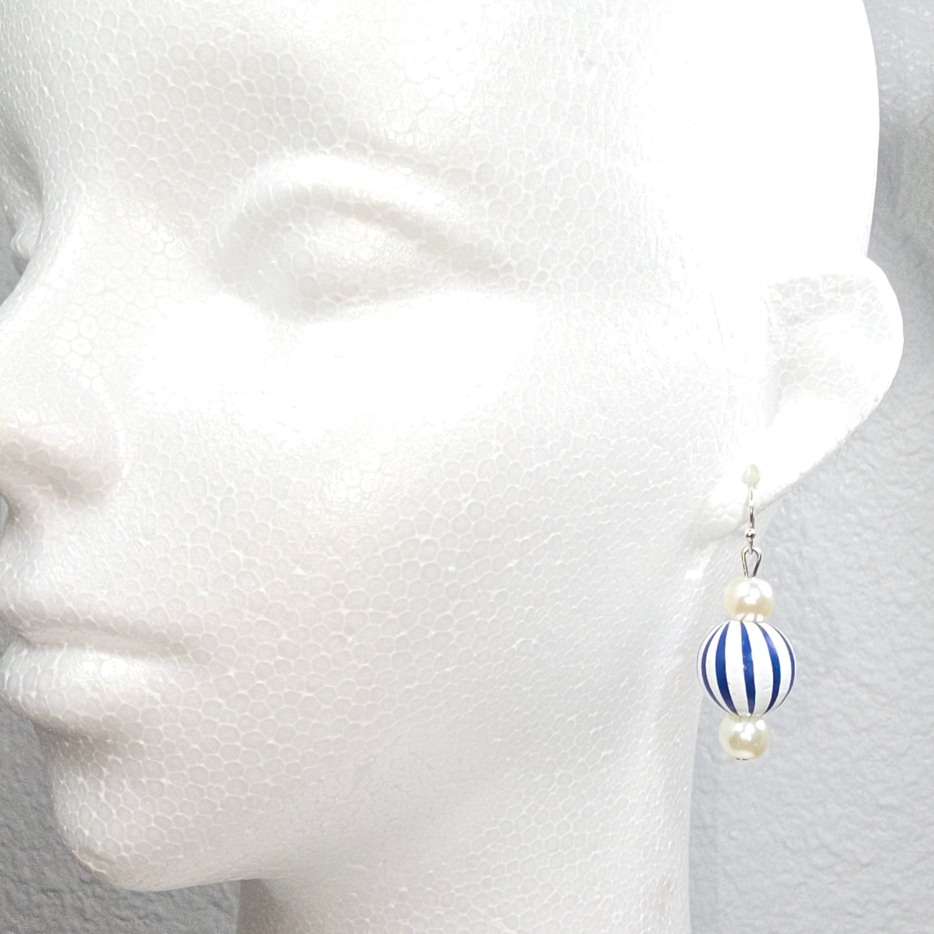 Handpainted Blue and White Stripe Wood Drop Dangling Bohemian Artistic Coastal Nautical Earrings