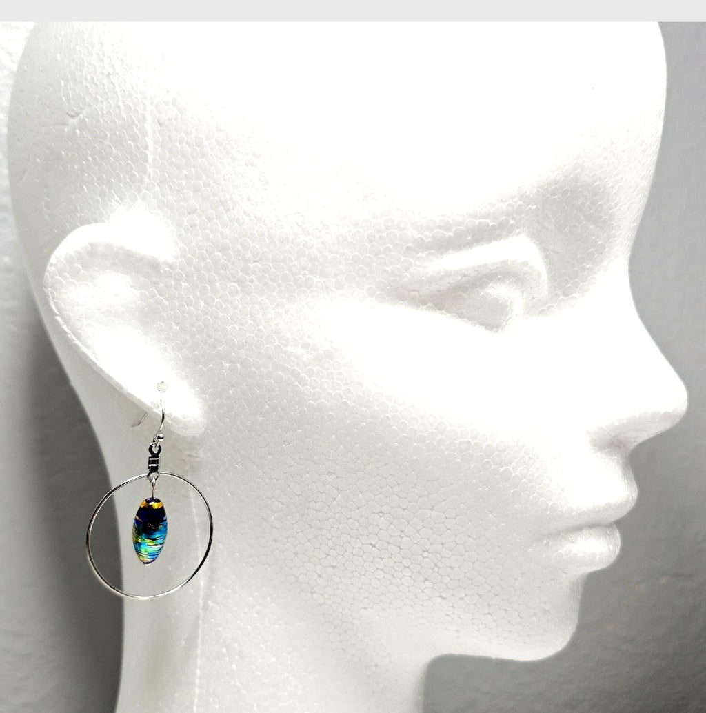 Handpainted Dichroic Blue Murano Glass Silver Hoop Drop Dangling Bohemian Artistic Earrings