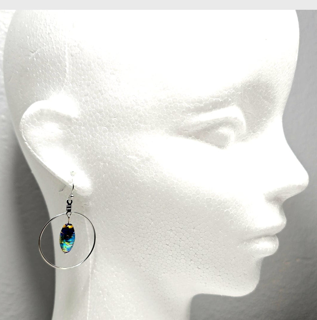 Handpainted Dichroic Blue Murano Glass Silver Hoop Drop Dangling Bohemian Artistic Earrings