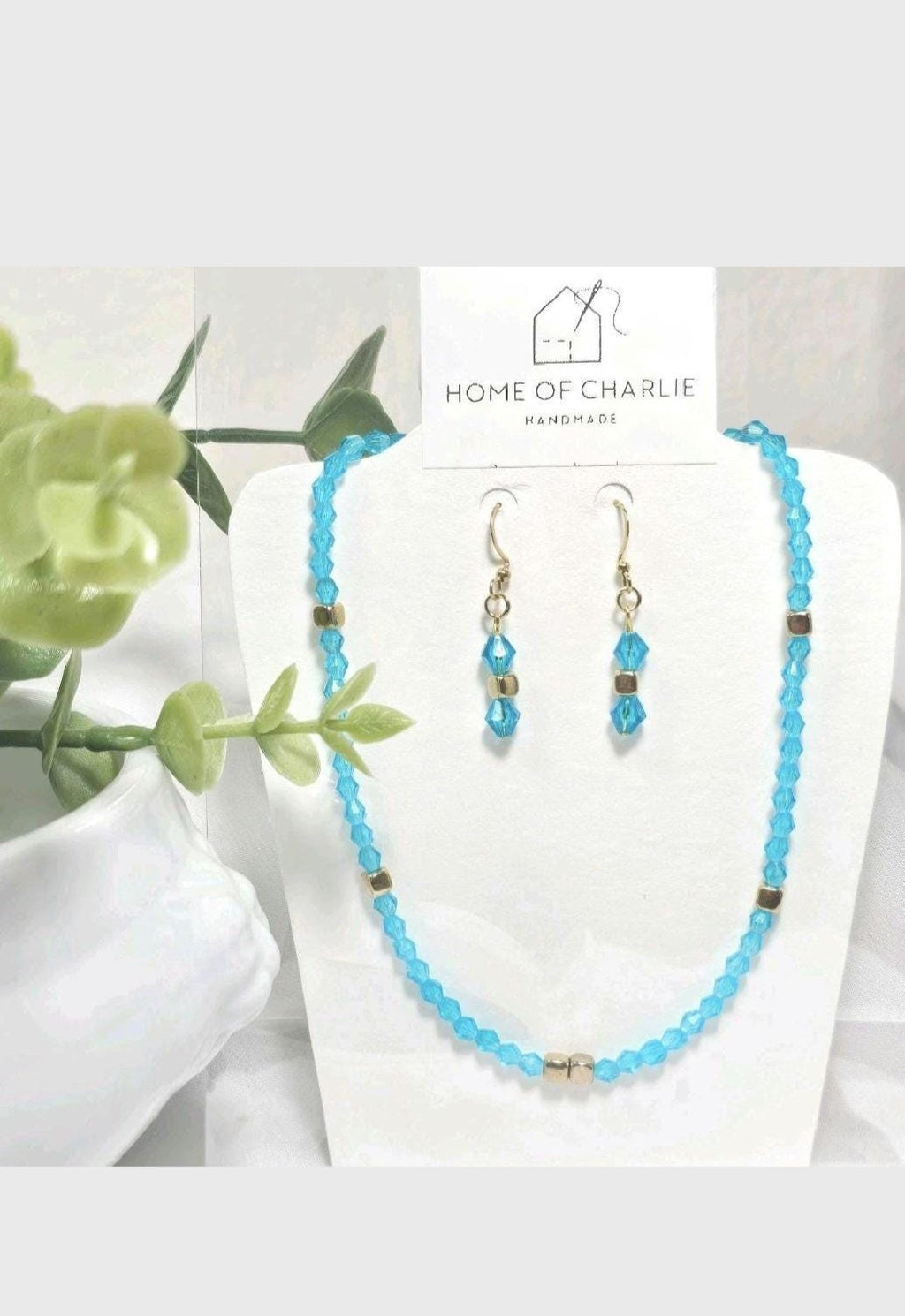 Aqua Blue Czech Crystal Glass Beads Dainty Simple Minimalist  Necklace Earrings Jewelry Set