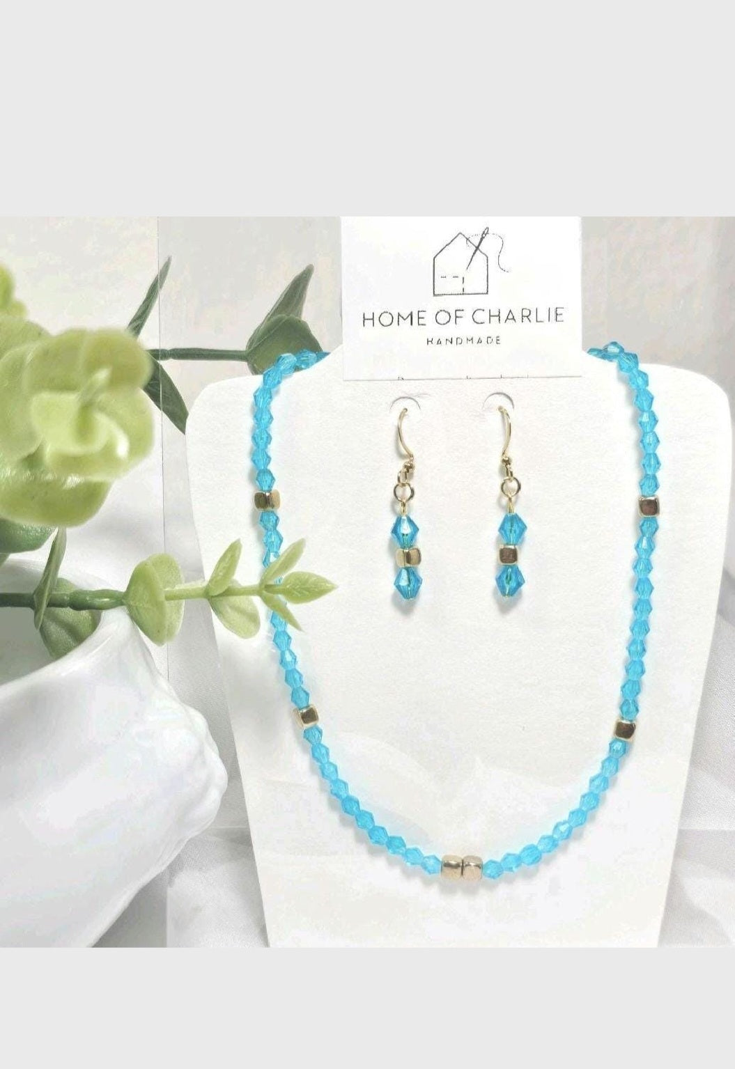 Aqua Blue Czech Crystal Glass Beads Dainty Simple Minimalist  Necklace Earrings Jewelry Set