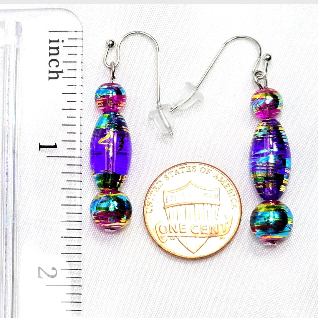 Multi-colored Purple Handpainted Murano Glass Drop Earrings with Gold Accents