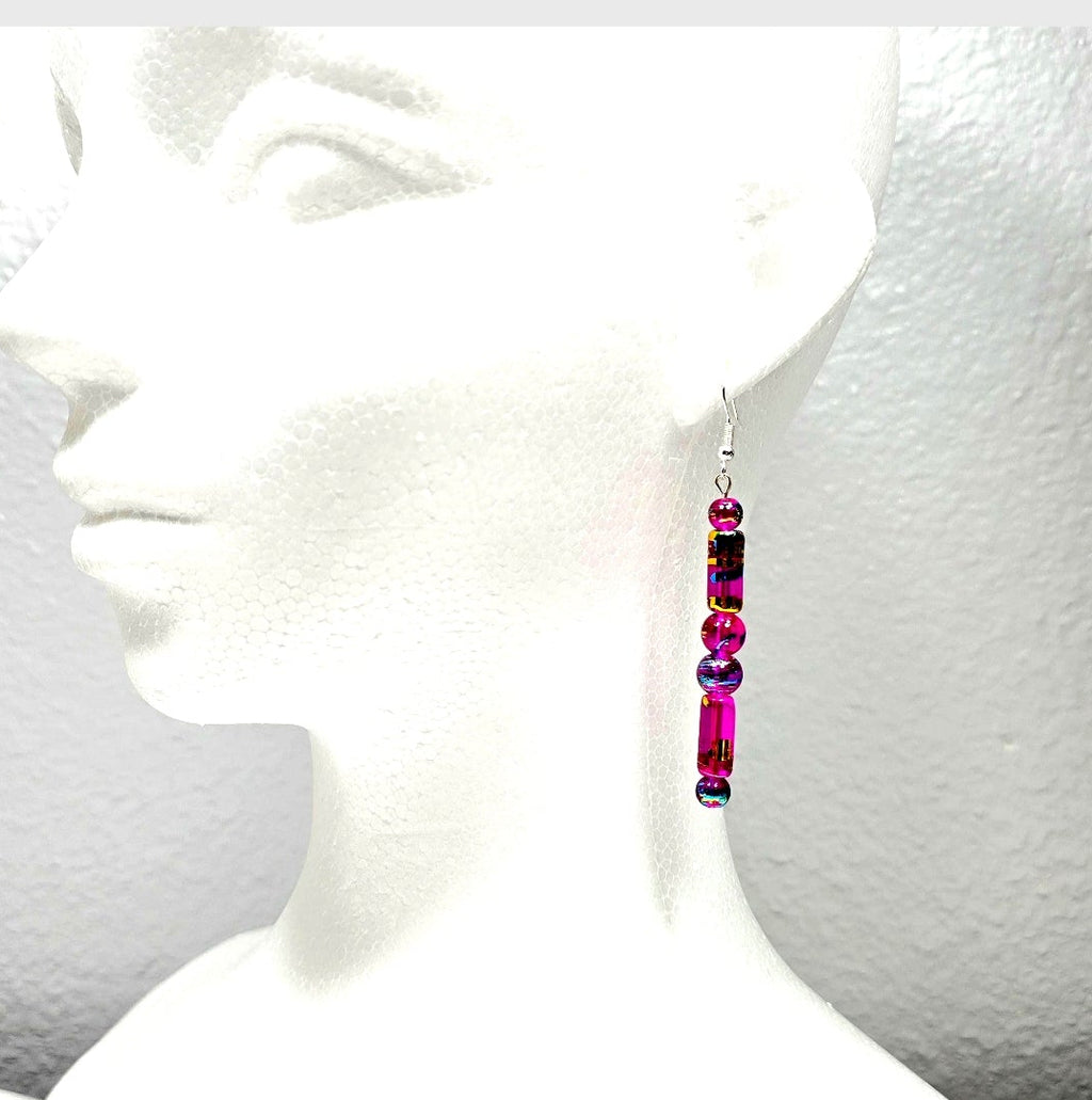 Handpainted Vibrant Pink Fuchsia Murano Glass Drop Dangling Bohenian Artistic Earrings. One of a kind.