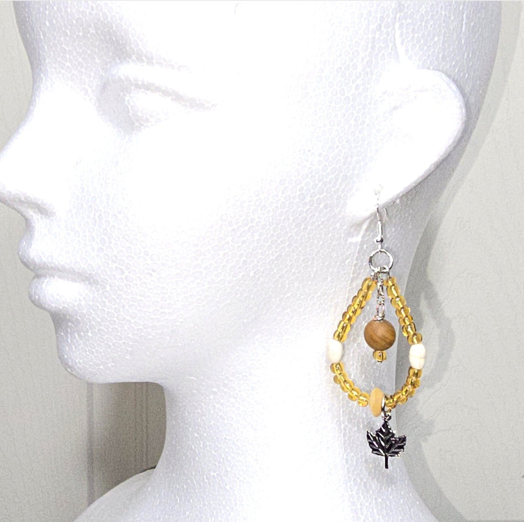 Handmade fall Nature Inspired Boho  Glass Amber Yellow  Beaded Teardrop Loop Dangle Earrings: Warm, Earthy Tone Color