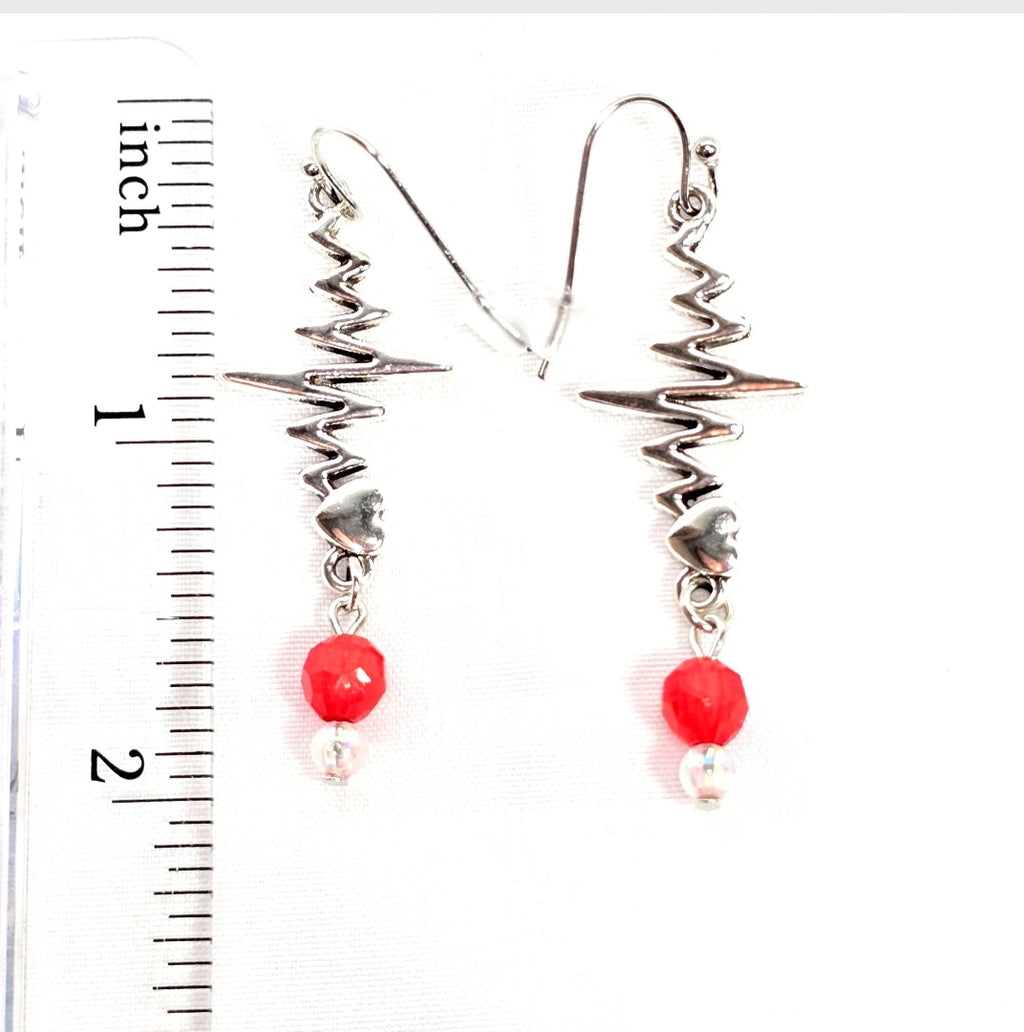 Silver Tone Heartbeat EKG Pulse Dangling Earrings with Red Glass Bead: Nurse's Gift, Medical Professionals