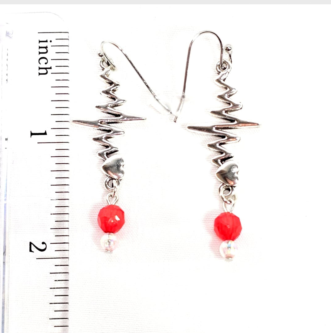 Silver Tone Heartbeat EKG Pulse Dangling Earrings with Red Glass Bead: Nurse's Gift, Medical Professionals