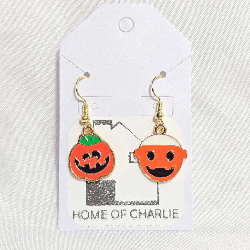 Mismatched Halloween Jack-O'- Lantern Whimsical  Drop Earrings