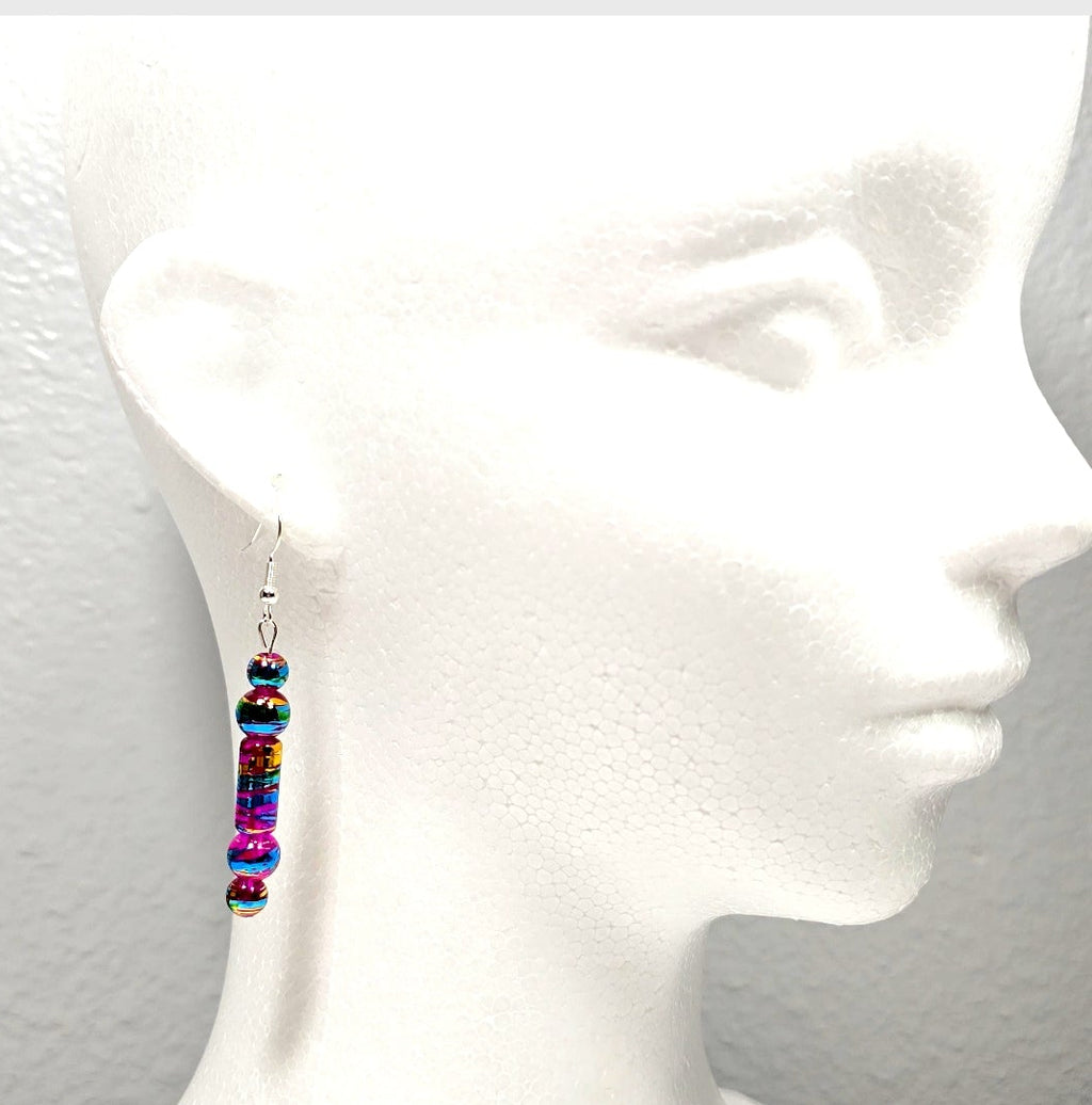 Handpainted Magenta Pink Fuchsia Murano Glass Drop Dangling Bohenian Artistic Earrings. One of a kind.