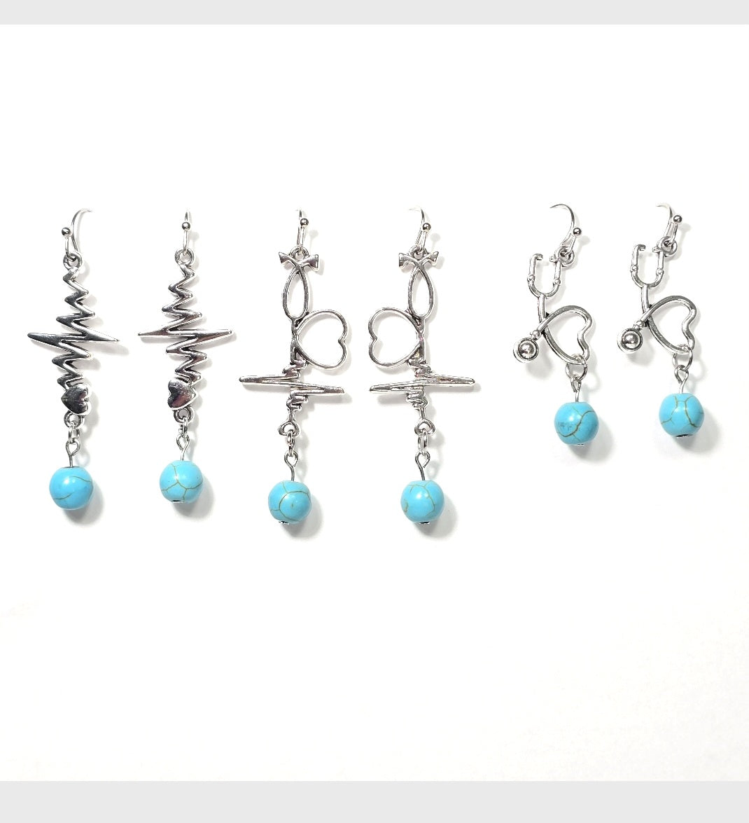 Nurse's Gift, Healthcare  Professionals: Heartbeat EKG Pulse Dangling Earrings with Blue Turquoise Bead