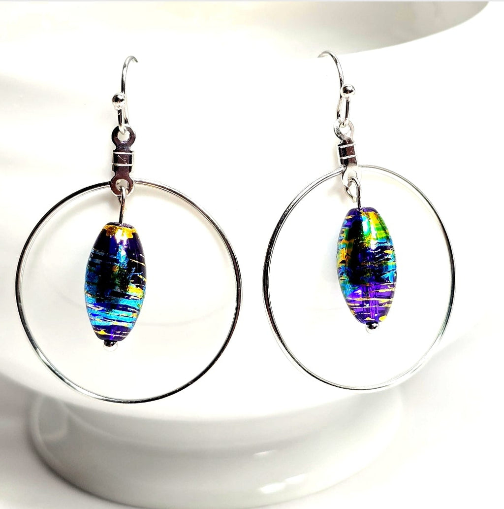 Handpainted Dichroic Blue Murano Glass Silver Hoop Drop Dangling Bohemian Artistic Earrings