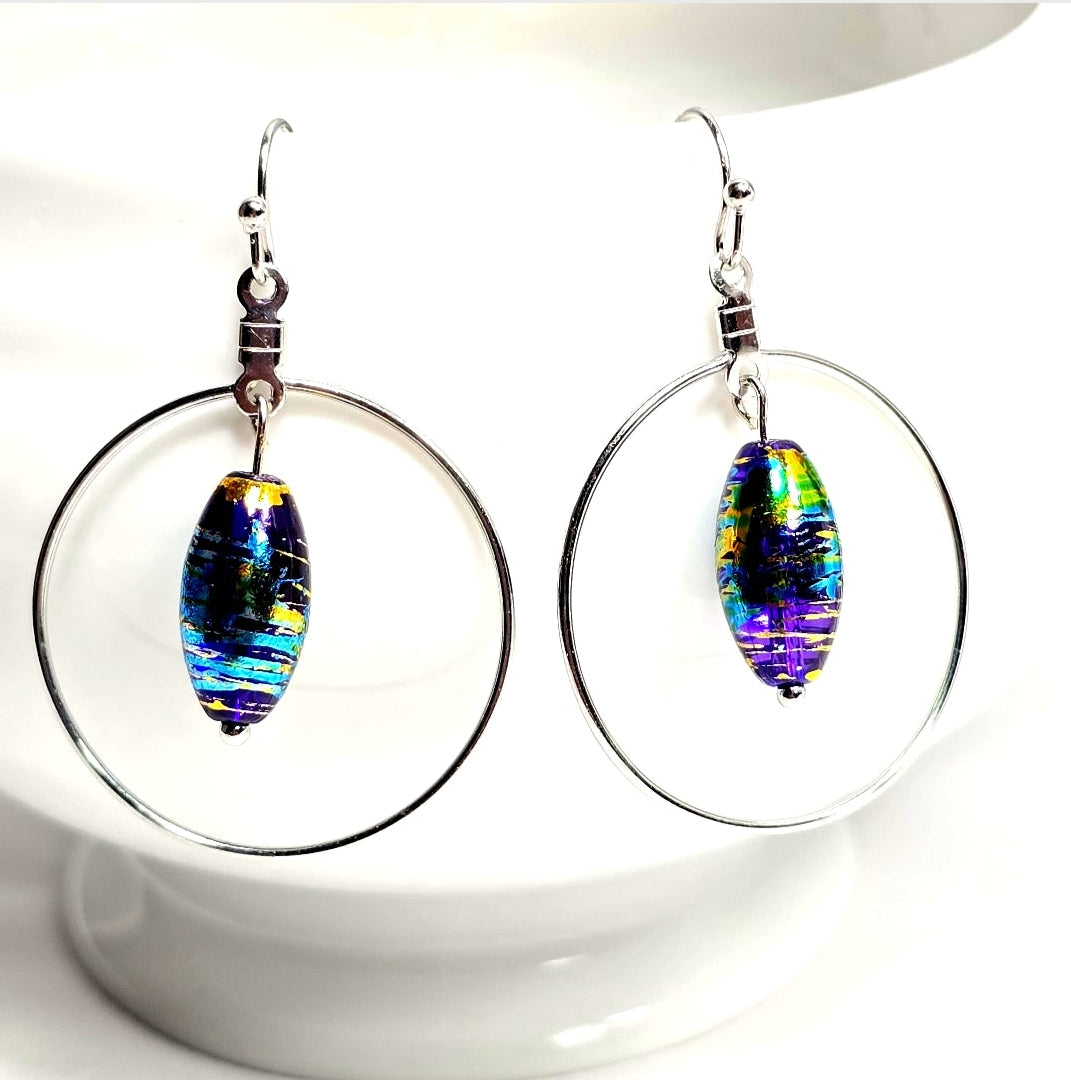 Handpainted Dichroic Blue Murano Glass Silver Hoop Drop Dangling Bohemian Artistic Earrings