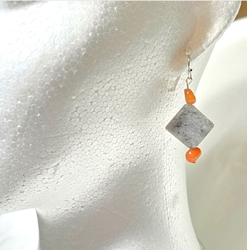Handmade Gray Marble Pendant with Orange Carnelian stones on silver-tone chain. Y2K Bohenian Necklace Set. Neutral elegant versatile