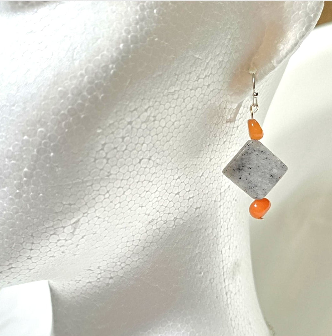 Handmade Gray Marble Pendant with Orange Carnelian stones on silver-tone chain. Y2K Bohenian Necklace Set. Neutral elegant versatile