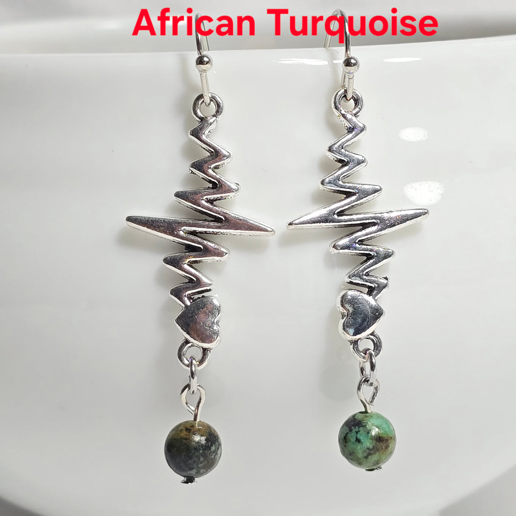 Nurse's Gift, Medical Professionals: Heartbeat EKG Pulse Dangling Earrings with Natural Stones.