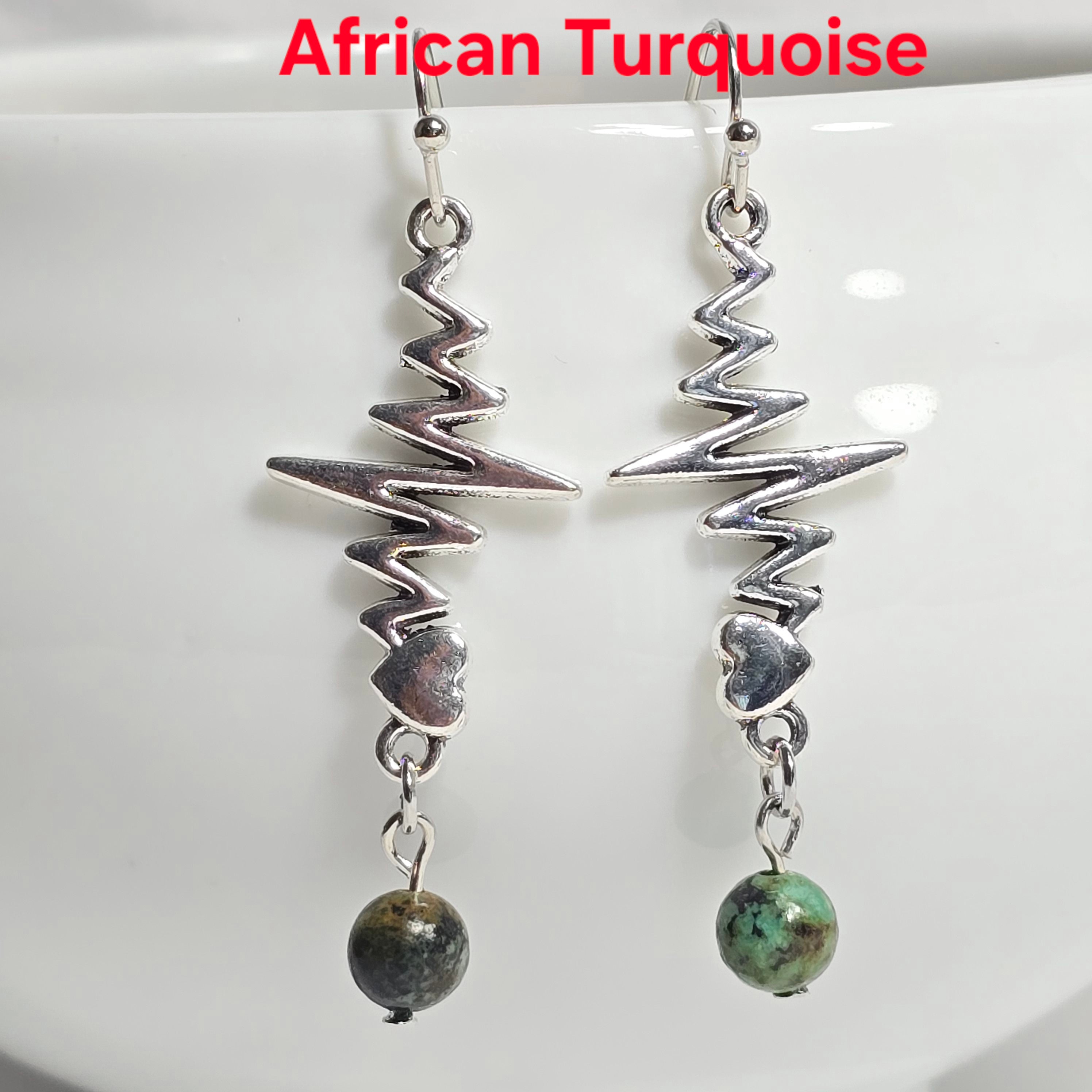 Nurse's Gift, Medical Professionals: Heartbeat EKG Pulse Dangling Earrings with Natural Stones.