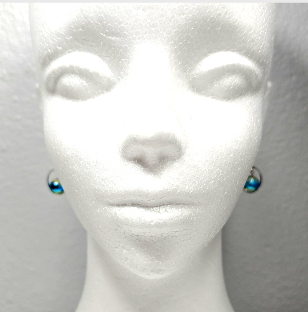 Handpainted Blue Murano Glass Silver Hoop Drop Dangling Bohemian Artistic Earrings