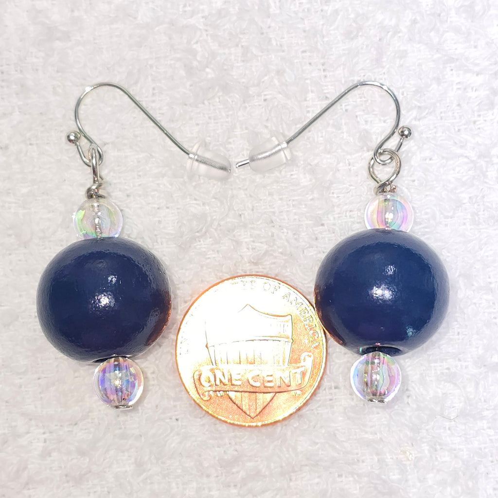 Handmade Navy Blue Wood Drop Dangling Bohemian Artistic Coastal Nautical Earrings