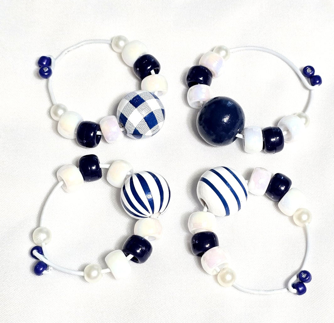 4 Blue and White Stripe Beach Nautical Coastal-themed Beaded Wine Glass Charms: Party or Bar Accessory
