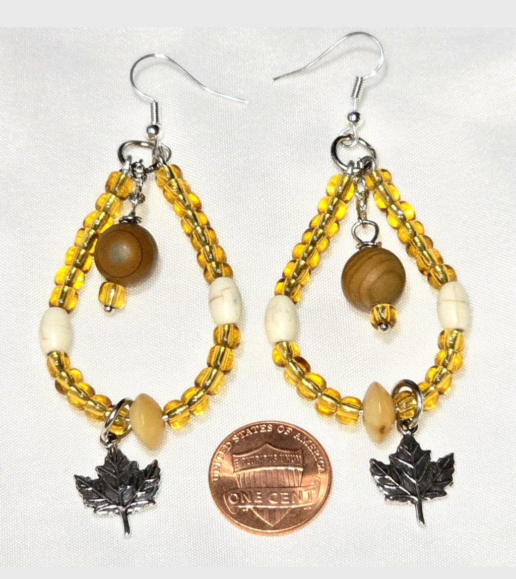 Handmade fall Nature Inspired Boho  Glass Amber Yellow  Beaded Teardrop Loop Dangle Earrings: Warm, Earthy Tone Color