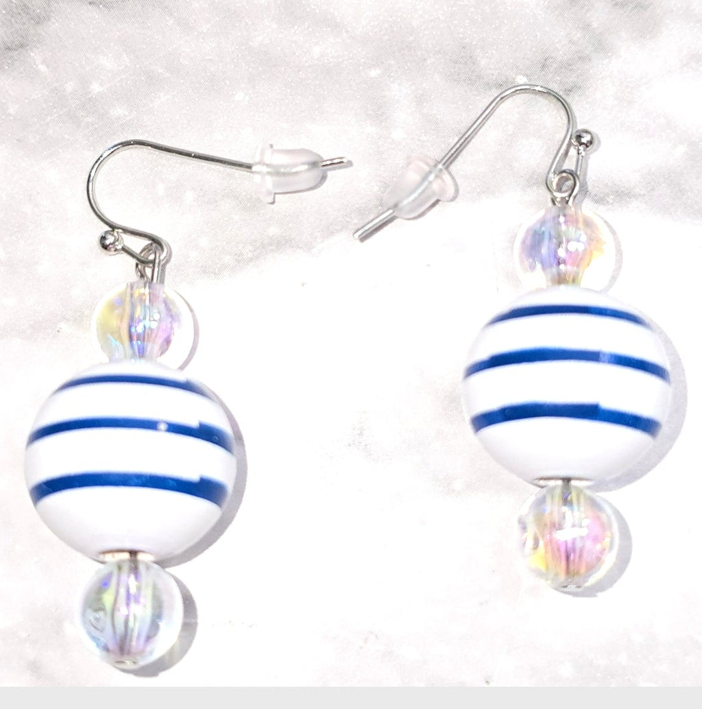 Handpainted Blue and White Stripe Wood Drop Dangling Bohemian Artistic Coastal Nautical Earrings