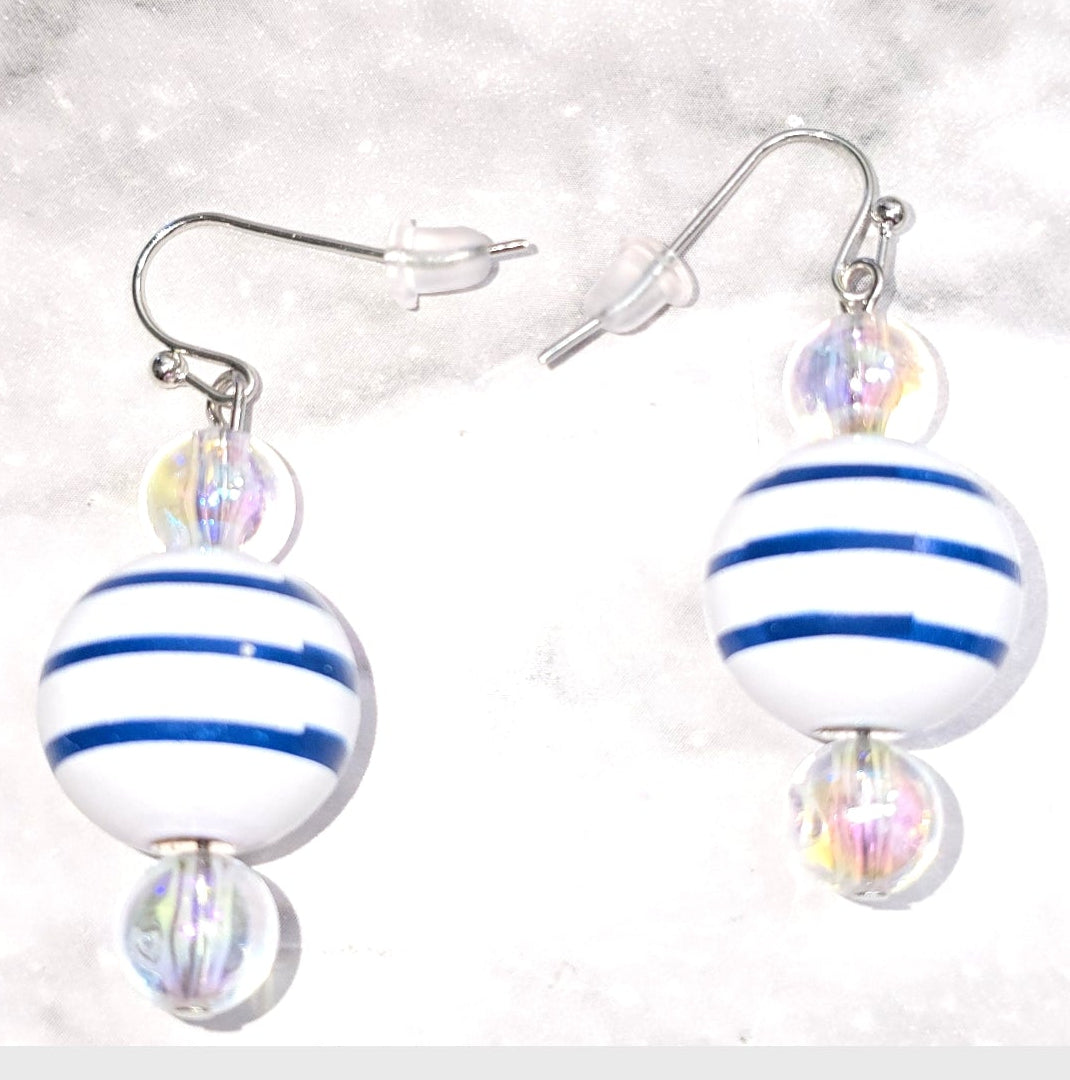 Handpainted Blue and White Stripe Wood Drop Dangling Bohemian Artistic Coastal Nautical Earrings