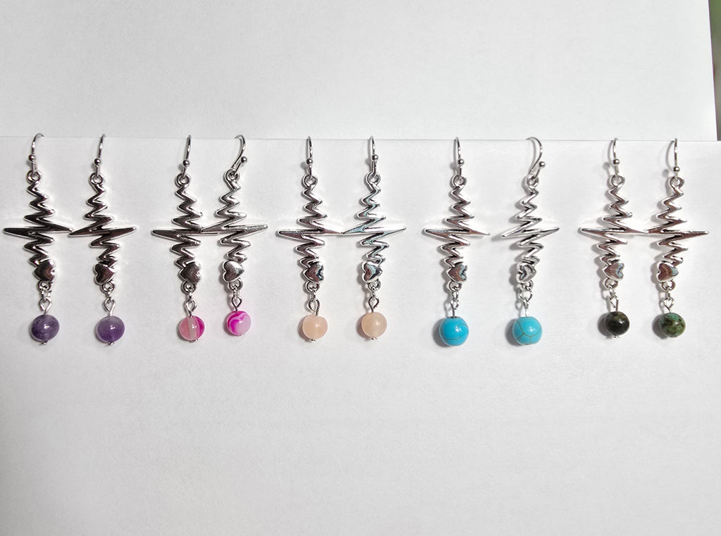 Nurse's Gift, Medical Professionals: Heartbeat EKG Pulse Dangling Earrings with Natural Stones.