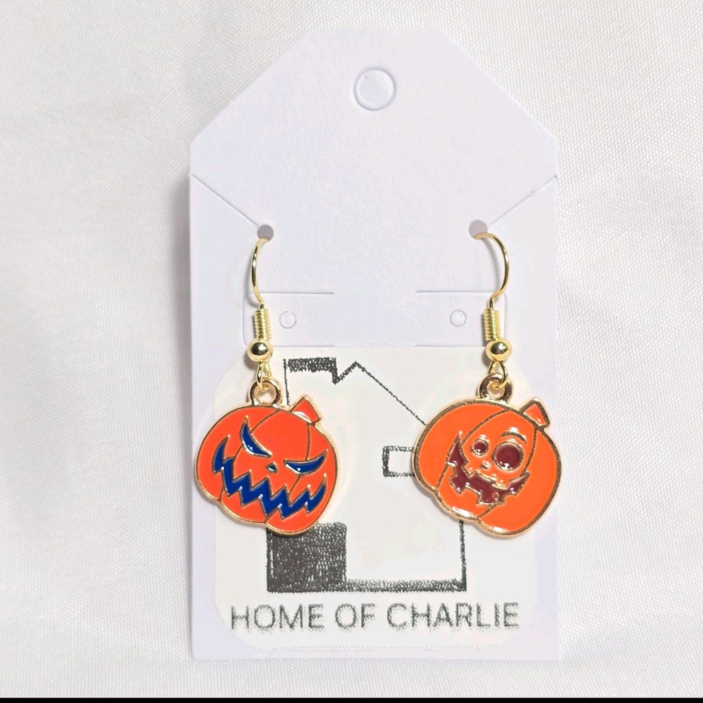 Mismatched Halloween Jack-O'- Lantern Whimsical  Drop Earrings