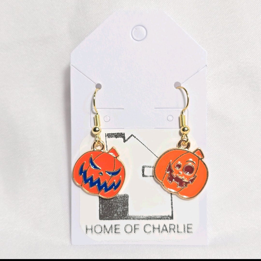 Mismatched Halloween Jack-O'- Lantern Whimsical  Drop Earrings