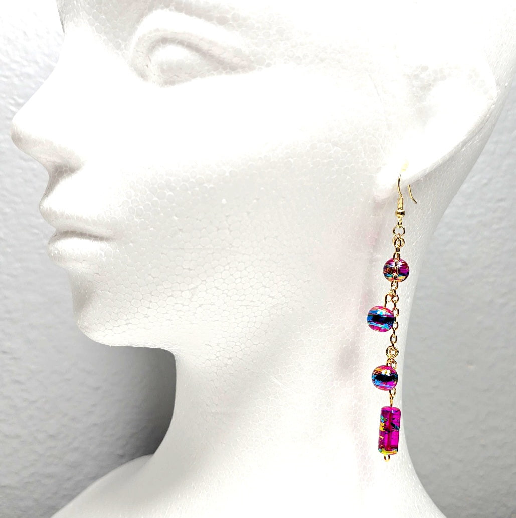 Handpainted Pink Murano Glass Drop Dangling Bohenian Artistic Earrings. One of a kind.