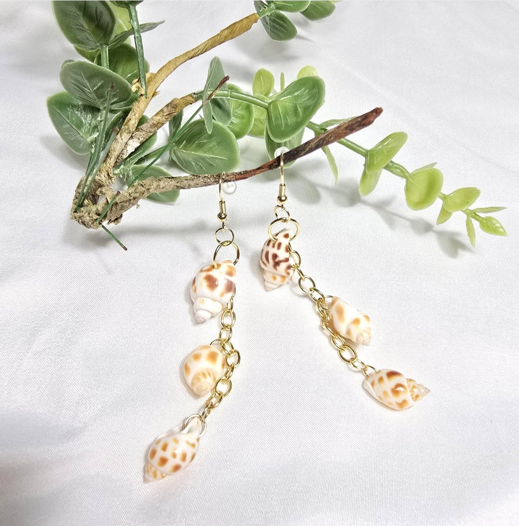 Natural shell earrings : coastal beach statement earrings with gold plated hooks and chains