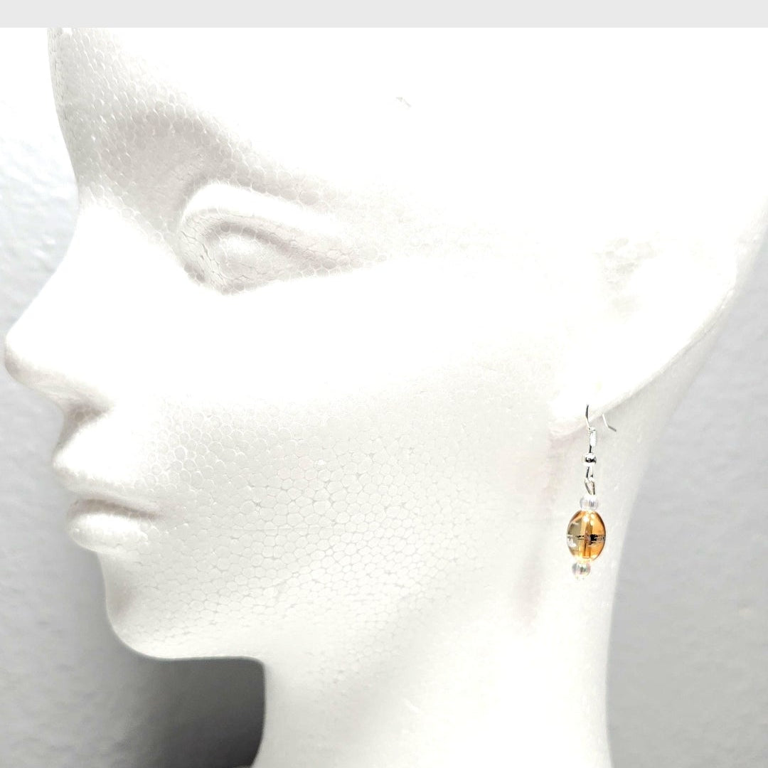Handmade Handpainted Iridescent Amber Orange Murano Glass Drop Earrings