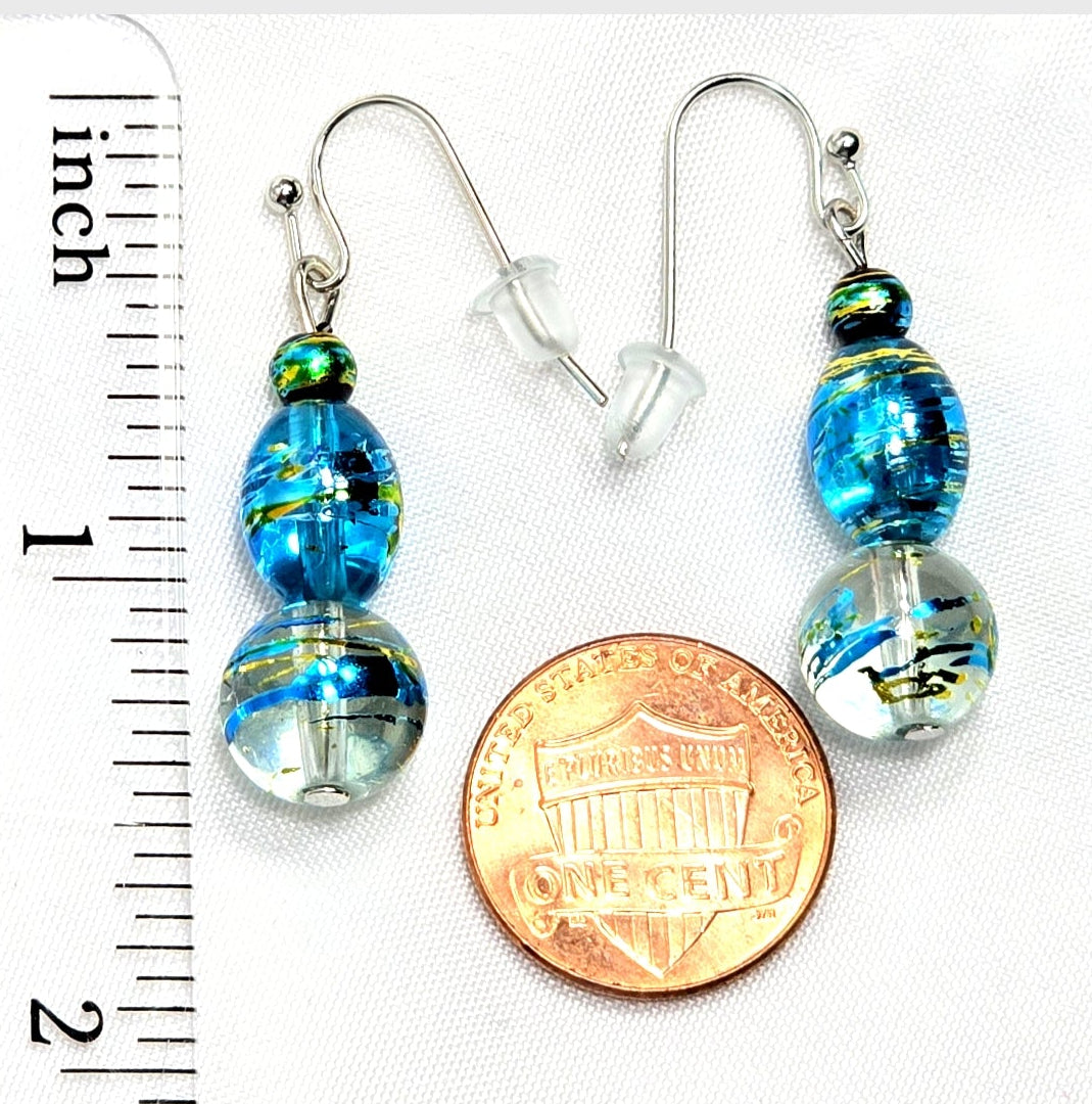 Handmade Handpainted Iridescent Torquiose Blue  Murano Glass Drop Earrings