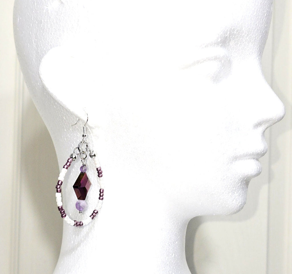Handmade White and Purple Glass Beaded Teardrop Dangling Earrings : Artisan Unique Elegant Casual Boho-chic Eclectic, Amethyst