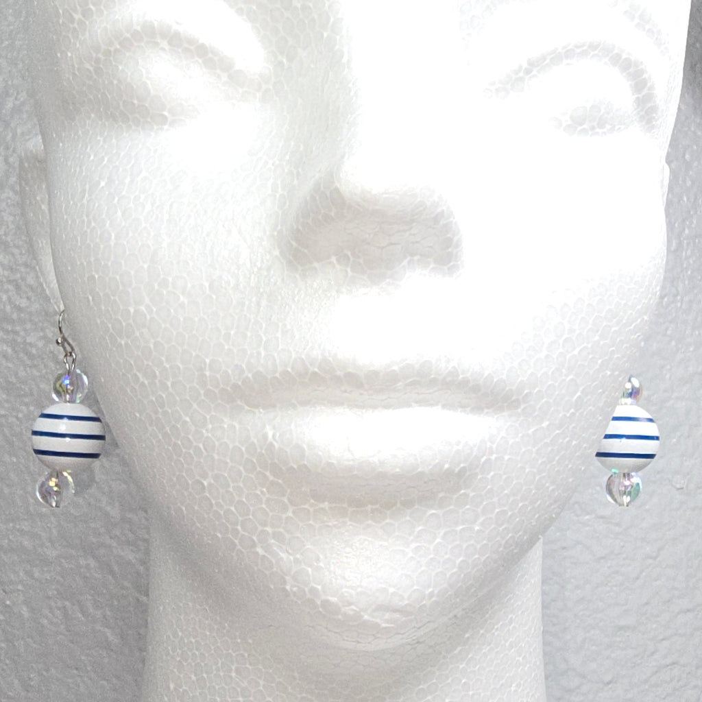 Handpainted Blue and White Stripe Wood Drop Dangling Bohemian Artistic Coastal Nautical Earrings
