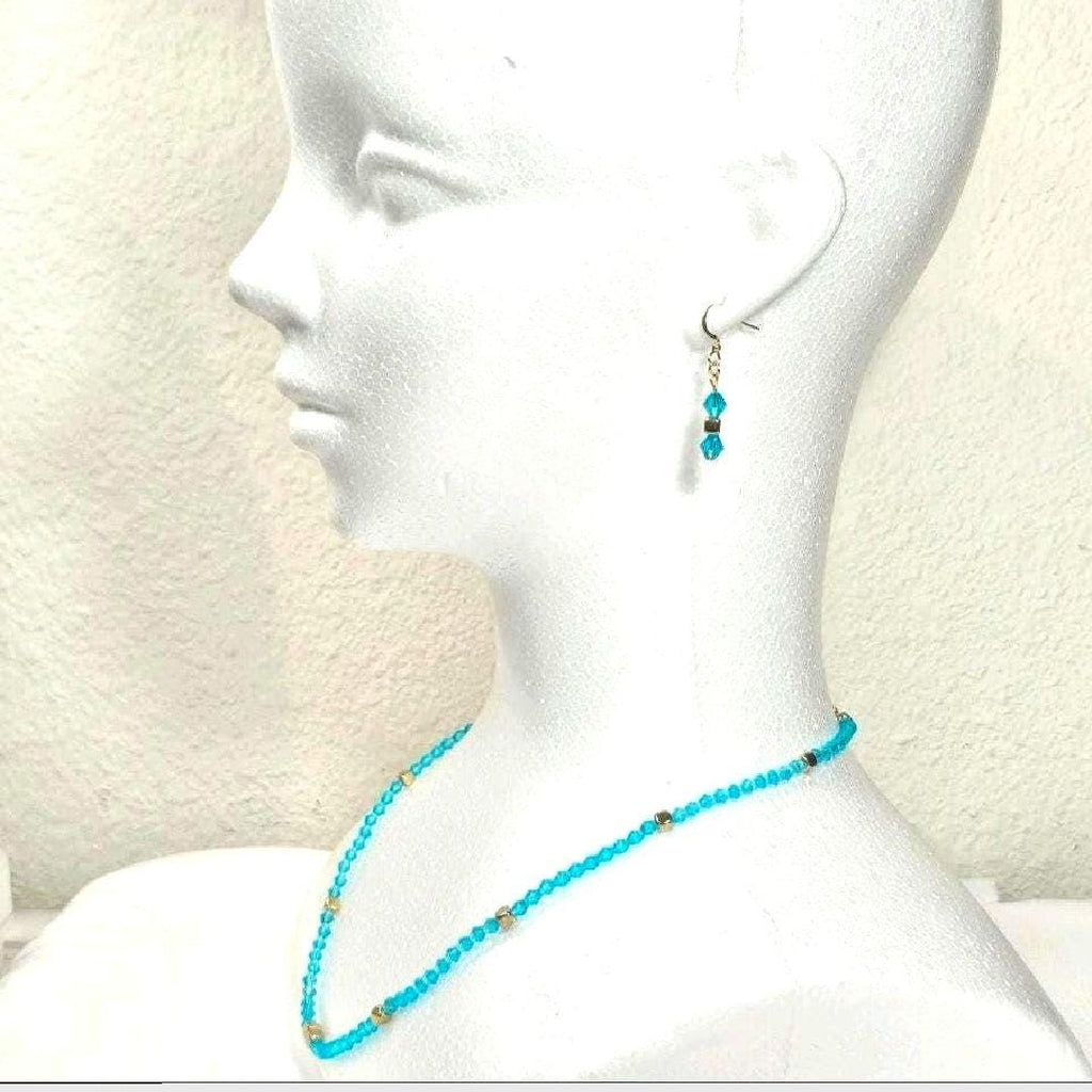 Aqua Blue Czech Crystal Glass Beads Dainty Simple Minimalist  Necklace Earrings Jewelry Set