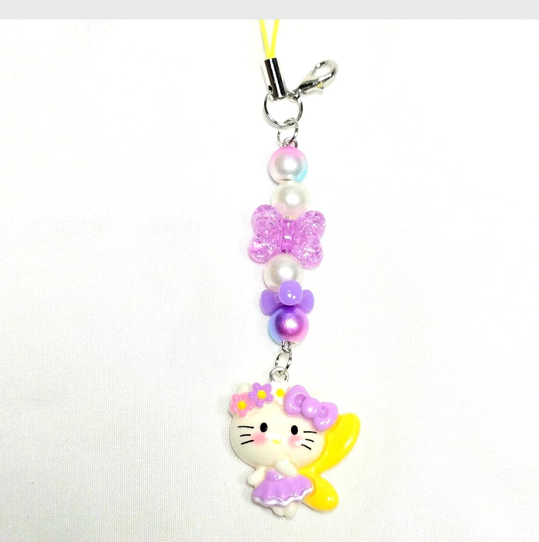 Whimsical Kawaii Hello Kitty Resin Pastel Purple and Yellow Cute Girly Giftable Keychain or Phone Bag Charm