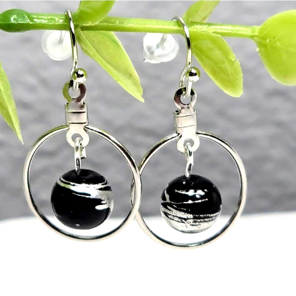 Handpainted Black Murano Glass Silver Hoop Drop Dangling Bohemian Artistic Earrings