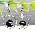 Handpainted Black Murano Glass Silver Hoop Drop Dangling Bohemian Artistic Earrings
